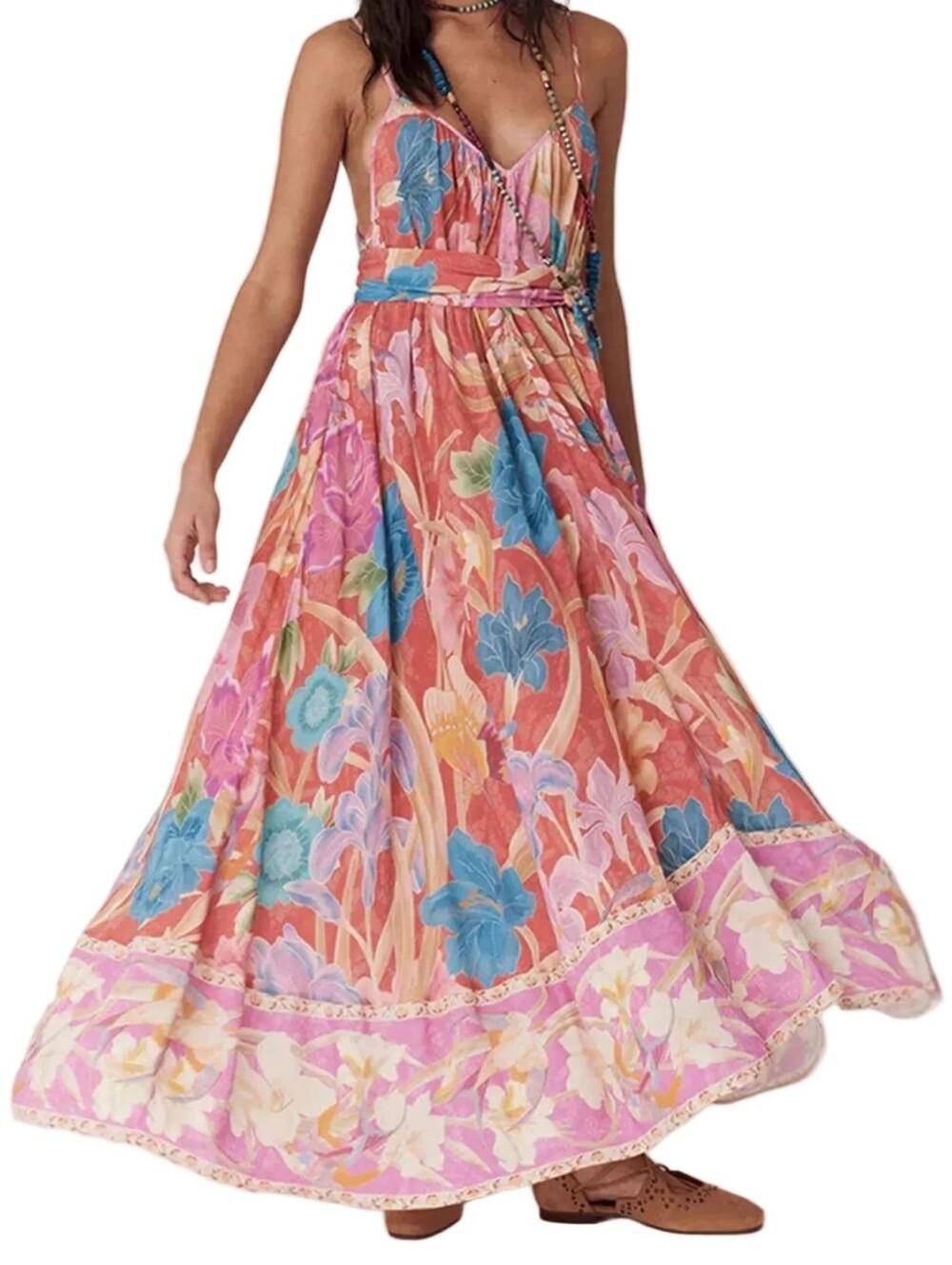 Tie Waist Belted Bright Contrasting Floral V-Neck Open Back Spaghetti Strap Maxi - Picture 4 of 11
